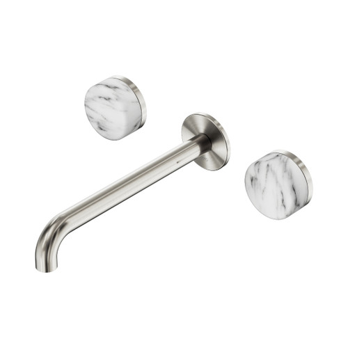 Serenity Wall Basin Set 220mm Spout With Arabescato Corchia Handle Brushed Nickel