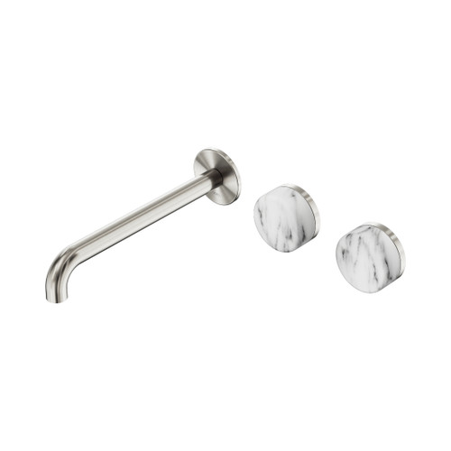 Serenity Wall Basin Set 220mm Offset Spout With Arabescato Corchia Handle Brushed Nickel