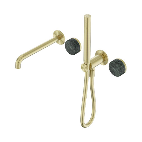 Serenity Progressive Shower System With Spout With Verde Alpi Handle And Slim Shower Brushed Gold