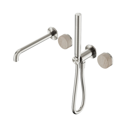 Serenity Progressive Shower System With Spout With Rome Travertine Handle And Slim Shower Brushed Nickel