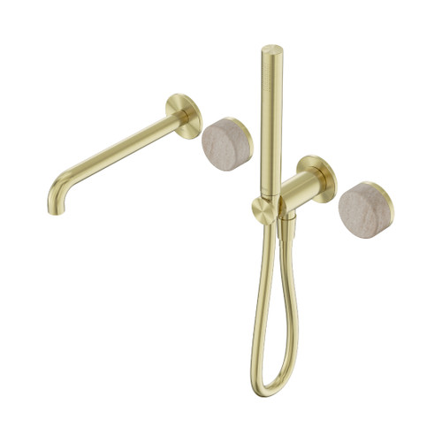 Serenity Progressive Shower System With Spout With Rome Travertine Handle And Slim Shower Brushed Gold
