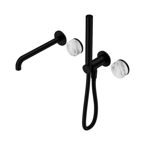 Serenity Progressive Shower System With Spout With Arabescato Corchia Handle And Slim Shower Matte Black