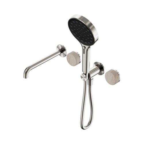 Serenity Progressive Shower System With Spout With Rome Travertine Handle And Hand Shower Brushed Nickel