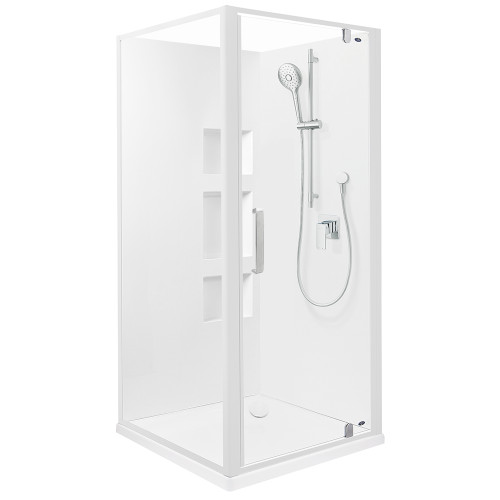 Ruby II Square Corner Shower 900x900 White Frame with Side Recessed Wall Rear Waste