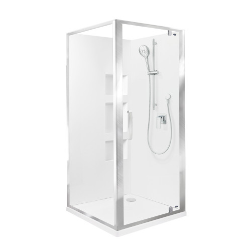 Ruby II Square Corner Shower 900x900 Metallic Frame with Side Recessed Wall Rear Waste
