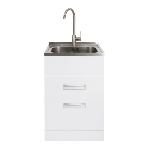 Studio Laundry Tub 560mm Wide Drawer Model With Viamo Brushed Gooseneck Mixer