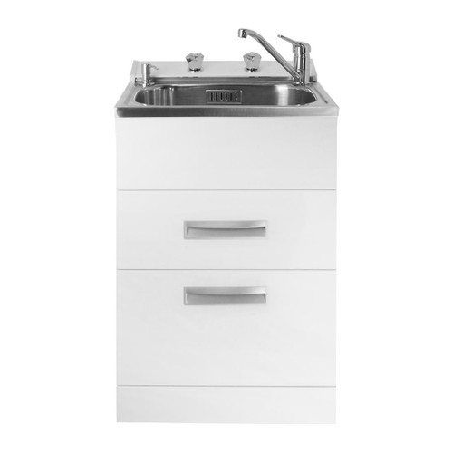 Laundry Tub 560mm Wide Drawer Model With Washing Machine Taps on Console & Corner Mounted Mixer