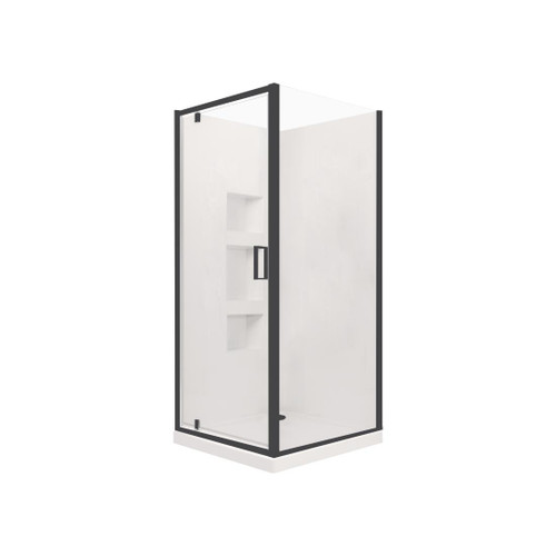 Valencia Elite Shower Corner Pivot 900 x 900mm Black Frame With Side Recessed Wall Rear Waste
