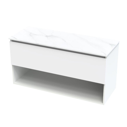 Pinnacle Pro Arctic Vanity 1200mm Left Hand Bowl Drawer Open Ultra Gloss White
