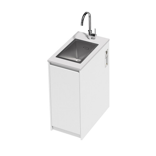 Mako 70 Laundry Cabinet 400mm Right Hinge 1 Door (F1) White Velvet Bright White Benchtop With Top Mount Sink (250 x 400) Chrome Gooseneck Sink Mixer Included