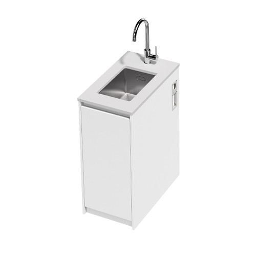 Mako 70 Laundry Cabinet 400mm Right Hinge 1 Door (F1) White Velvet Bright White Benchtop With Under Mount Sink (250 x 400) Chrome Gooseneck Sink Mixer Included