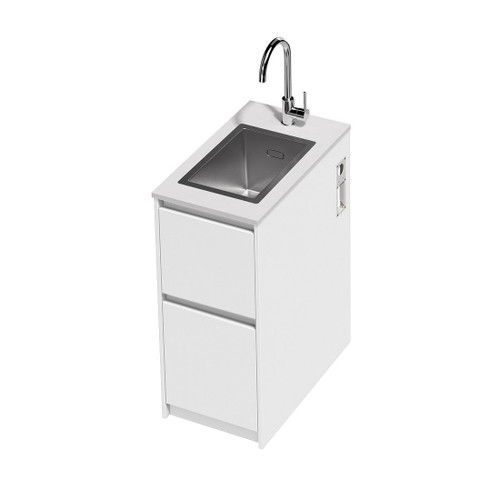 Mako 70 Laundry Cabinet 400mm 2 Drawer (F1) White Velvet Bright White Benchtop With Top Mount Sink (250 x 400) Chrome Gooseneck Sink Mixer Included