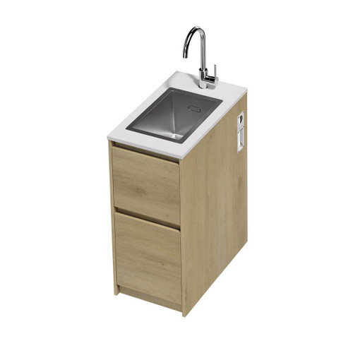 Mako 70 Laundry Cabinet 400mm 2 Drawer (F2) Colour/Woodgrain Bright White Benchtop With Top Mount Sink (250 x 400) Chrome Gooseneck Sink Mixer Included