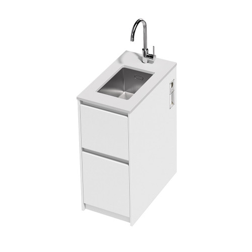 Mako 70 Laundry Cabinet 400mm 2 Drawer (F1) White Velvet Bright White Benchtop With Under Mount Sink (250 x 400) Chrome Gooseneck Sink Mixer Included