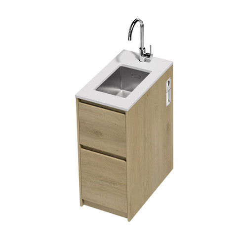 Mako 70 Laundry Cabinet 400mm 2 Drawer (F2) Colour/Woodgrain Bright White Benchtop With Under Mount Sink (250 x 400) Chrome Gooseneck Sink Mixer Included