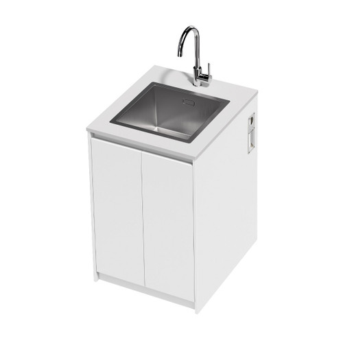 Mako 70 Laundry Cabinet 600mm 2 Door (F1) White Velvet Bright White Benchtop With Top Mount Sink (400 x 400) Chrome Gooseneck Sink Mixer Included