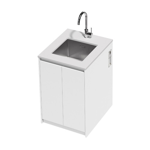 Mako 70 Laundry Cabinet 600mm 2 Door (F1) White Velvet Bright White Benchtop With Under Mount Sink (400 x 400) Chrome Gooseneck Sink Mixer Included