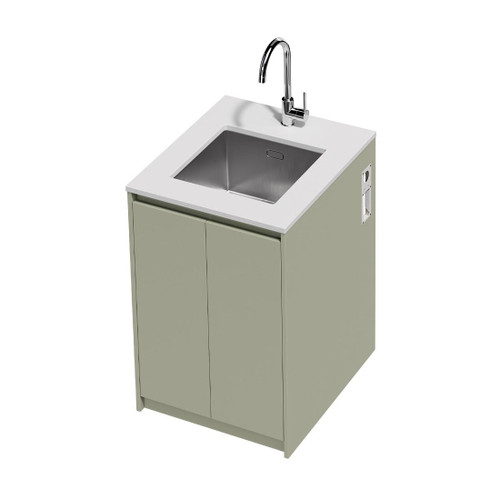 Mako 70 Laundry Cabinet 600mm 2 Door (F2) Colour/Woodgrain Bright White Benchtop With Under Mount Sink (400 x 400) Chrome Gooseneck Sink Mixer Included
