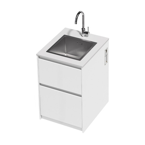 Mako 70 Laundry Cabinet 600mm 2 Drawer (F1) White Velvet Bright White Benchtop With Top Mount Sink (400 x 400) Chrome Gooseneck Sink Mixer Included