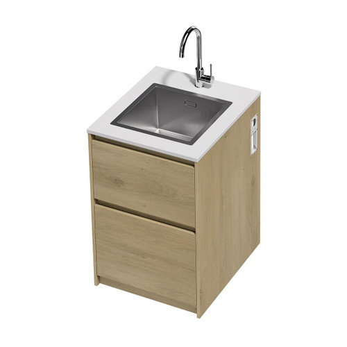 Mako 70 Laundry Cabinet 600mm 2 Drawer (F2) Colour/Woodgrain Bright White Benchtop With Top Mount Sink (400 x 400) Chrome Gooseneck Sink Mixer Included