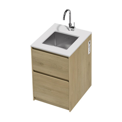 Mako 70 Laundry Cabinet 600mm 2 Drawer (F2) Colour/Woodgrain Bright White Benchtop With Under Mount Sink (400 x 400) Chrome Gooseneck Sink Mixer Included