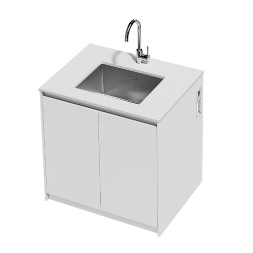 Mako 70 Laundry Cabinet 900mm 2 Door (F1) White Velvet Bright White Benchtop With Under Mount Sink (500 x 400) Chrome Gooseneck Sink Mixer Included