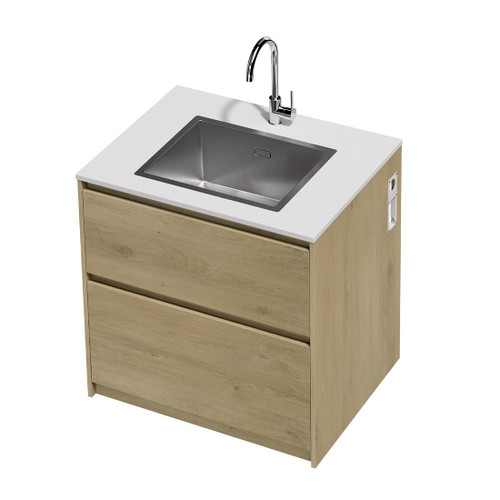 Mako 70 Laundry Cabinet 900mm 2 Drawer (F2) Colour/Woodgrain Bright White Benchtop With Top Mount Sink (500 x 400) Chrome Gooseneck Sink Mixer Included