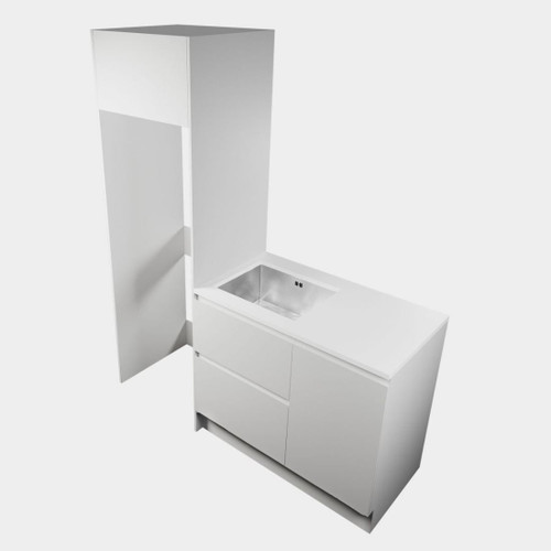 Modern Laundry Smart Fit Kit 600 2 Drawers Accessory Cabinet Single Hamper Stacker Kit White Kordura Top With Stainless Steel Sink Melamine