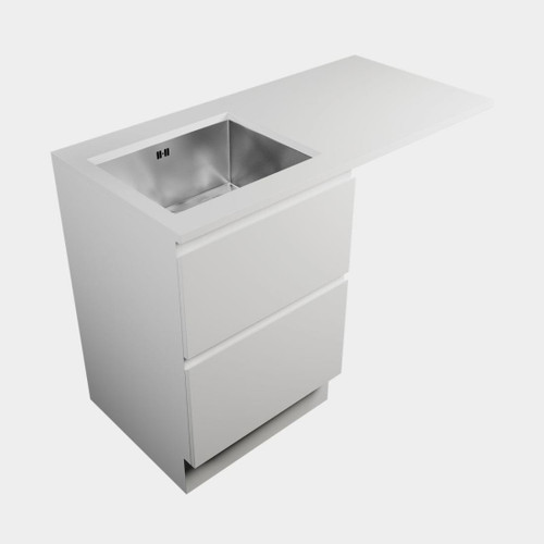 Modern Laundry Starter Kit 600 2 Drawer White Kordura Top Overhang Right With S/S Sink Timber Veneer