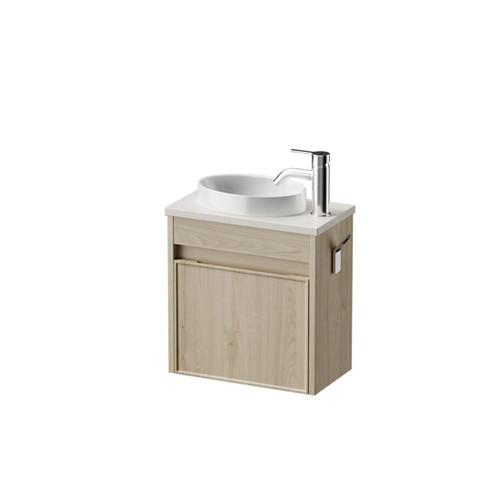 Mode Vanity 22 Benchtop 400 1 Door Wall Right Hinged Door Ranfurly Oak Sugar Cream Benchtop Joy Basin Brussels Panel