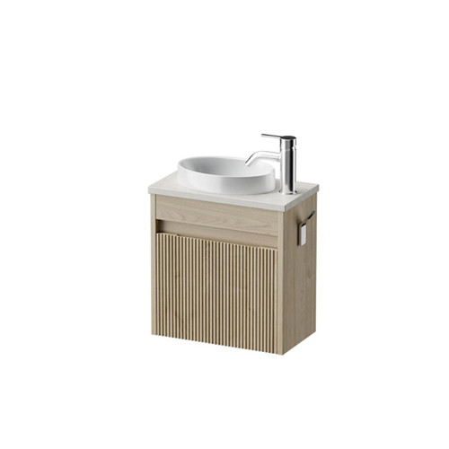 Mode Vanity 22 Benchtop 400 1 Door Wall Right Hinged Door Ranfurly Oak Alabaster Benchtop Joy Basin Tasman Panel