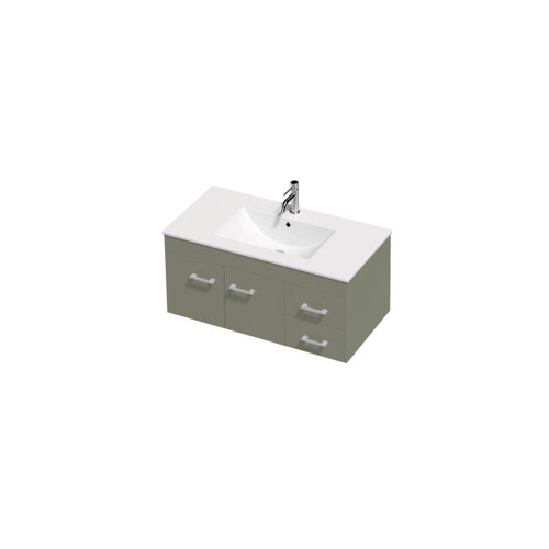 Essentials Wall Vanity 900mm 2 Doors 2 Right Hand Drawers F2 Woodgrain/Colour Rubik White Gloss Ceramic Basin