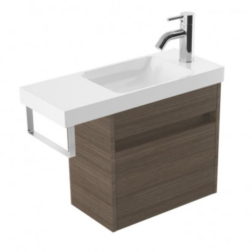 Fucina Vanity Wall 600 1 Taphole Polymarble Top Chrome Towel Rail 1 Door Charred Oak Organic