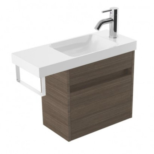 Fucina Vanity Wall 600 1 Taphole Polymarble Top White Towel Rail 1 Door Charred Oak Organic