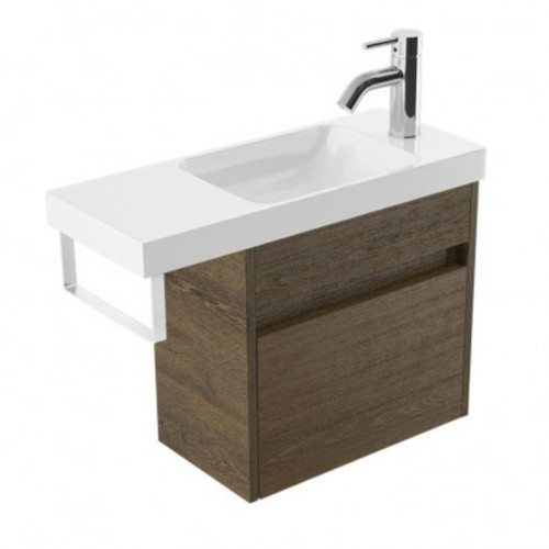 Fucina Vanity Wall 600 1 Taphole Polymarble Top White Towel Rail 1 Door Smokey Oak Timberland