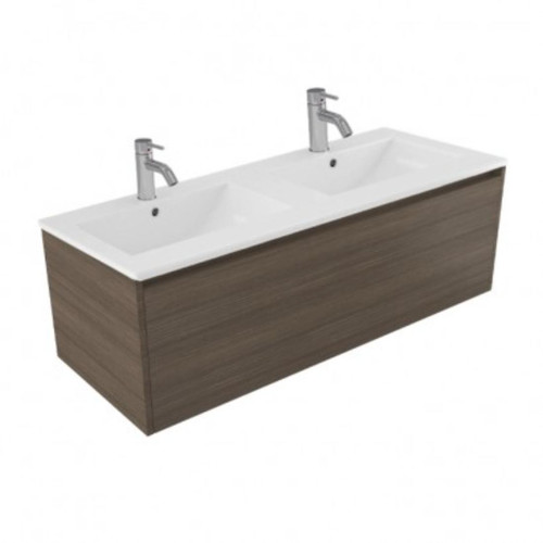 Fucina Vanity Wall 1200 2 Taphole Vitreous China Double Bowl 1 Drawer Charred Oak Organic