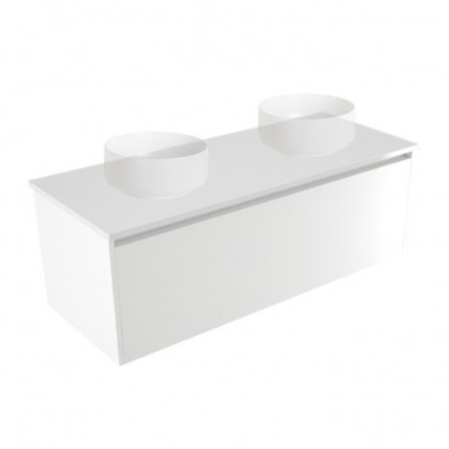 Fucina Vanity Wall 1200 White E Stone Top Double Bowl 1 Drawer Dezigna White Gloss