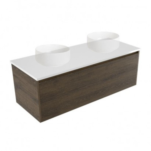 Fucina Vanity Wall 1200 White E Stone Top Double Bowl 1 Drawer Smokey Oak Timberland