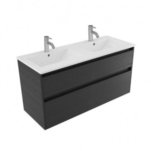Fucina Vanity Wall 1200 2 Taphole Vitreous China Double Bowl 2 Drawer Black Timberland