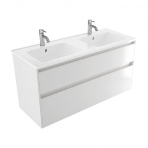 Fucina Vanity Wall 1200 2 Taphole Polymarble Double Bowl 2 Drawer Dezigna White Gloss