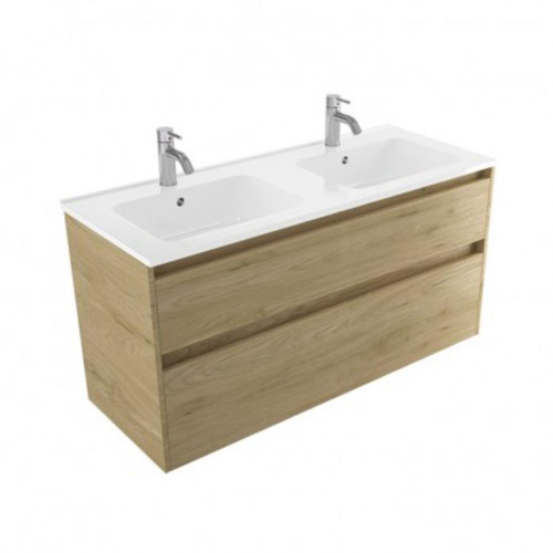 Fucina Vanity Wall 1200 2 Taphole Polymarble Double Bowl 2 Drawer French Oak Velvet