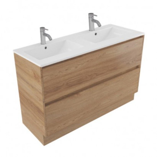 Fucina Vanity Floor 1200 2 Taphole Vitreous China Double Bowl 2 Drawer Southern Oak Timberland