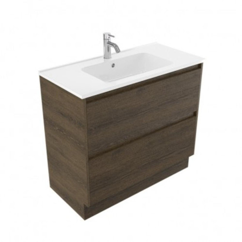 Fucina Vanity Floor 900 1 Taphole Polymarble Top 2 Drawer Smokey Oak Timberland
