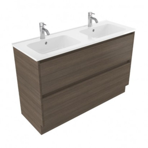 Fucina Vanity Floor 1200 2 Taphole Polymarble Double Bowl 2 Drawer Charred Oak Organic