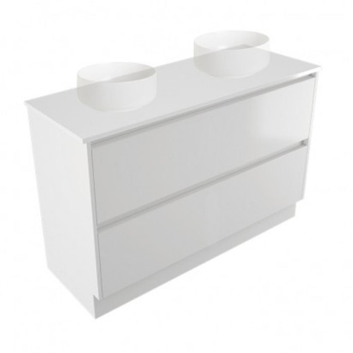 Fucina Vanity Floor 1200 White E Stone Top Double Bowl 2 Drawer Dezigna White Gloss