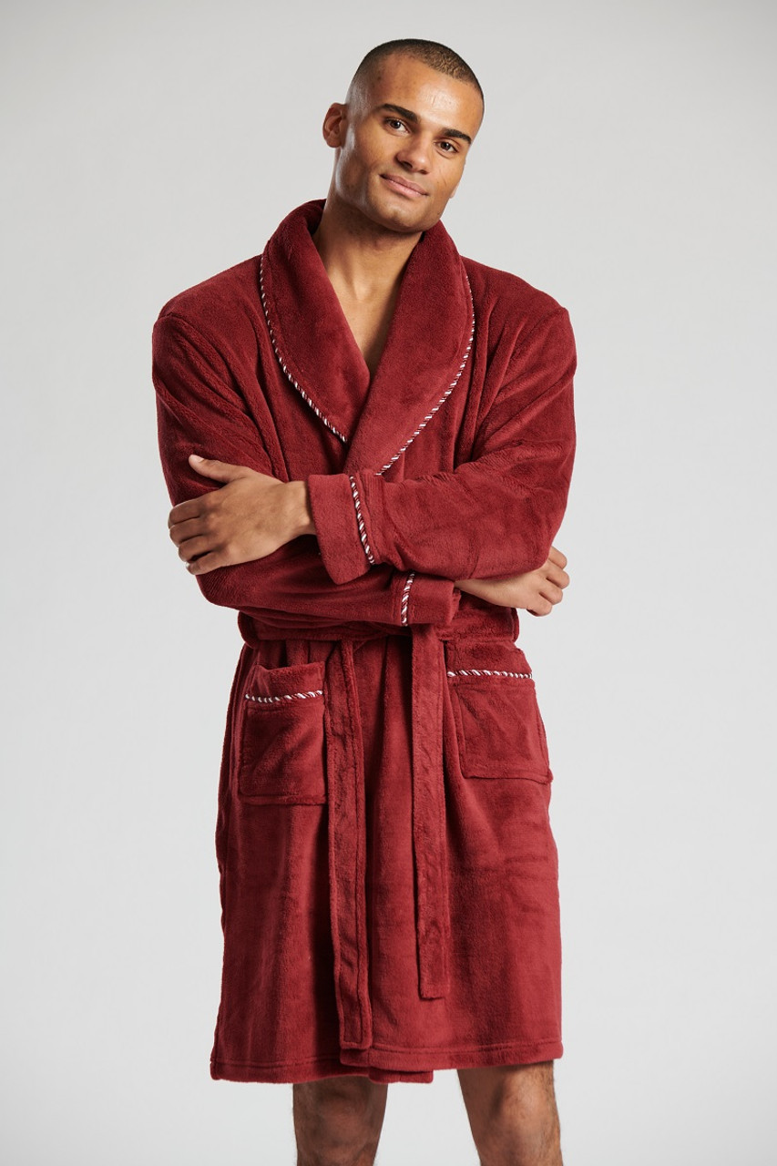 Mens Wine Luxury Flannel Fleece Rope Trim Shawl Collar Bath Robe