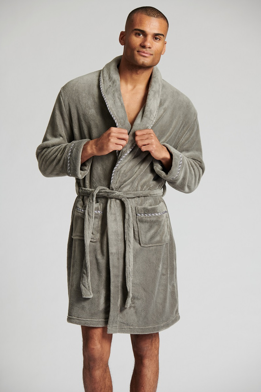 Mens Grey Luxury Flannel Fleece Rope Trim Shawl Collar Bath Robe