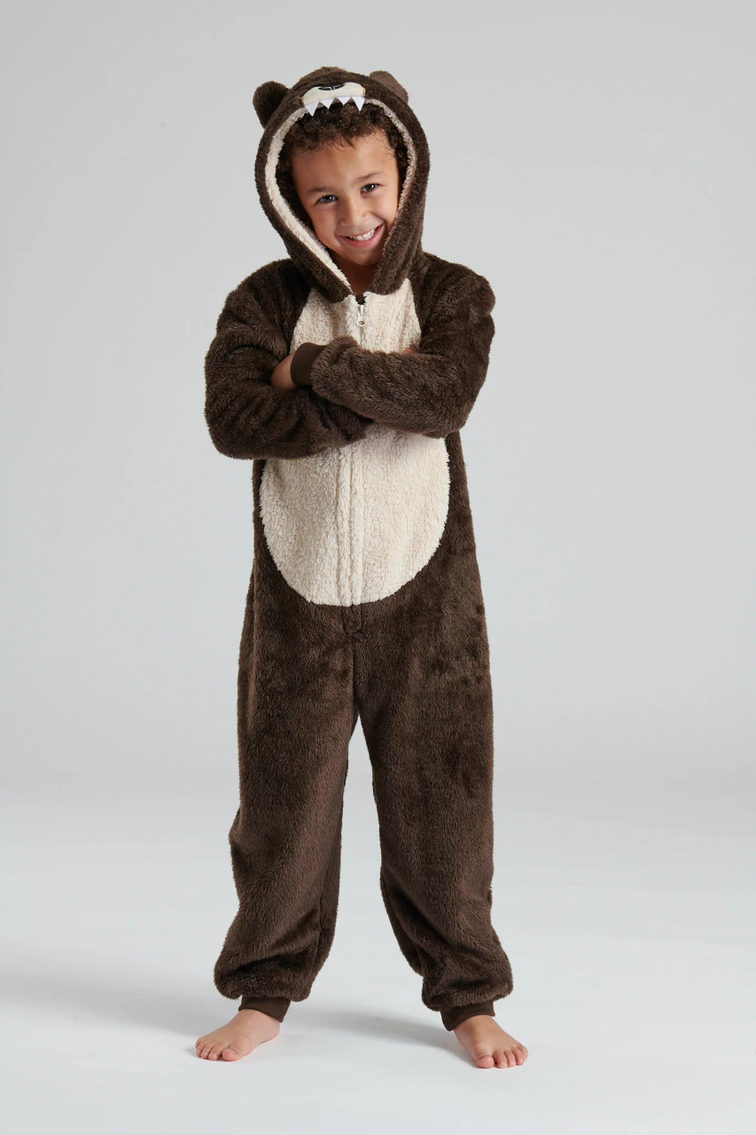 Boys Brown Bear Novelty Hood Fleece Onesie Heat Treats