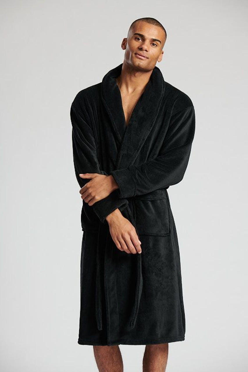 Mens Jet Black Plush Fleece Collared Bath Robe Heat Treats