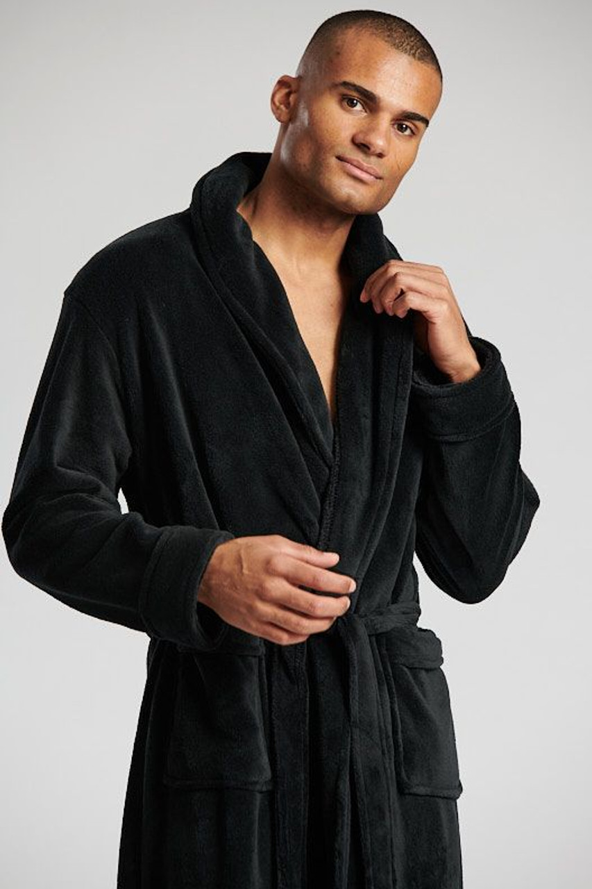 Mens Jet Black Plush Fleece Collared Bath Robe Heat Treats